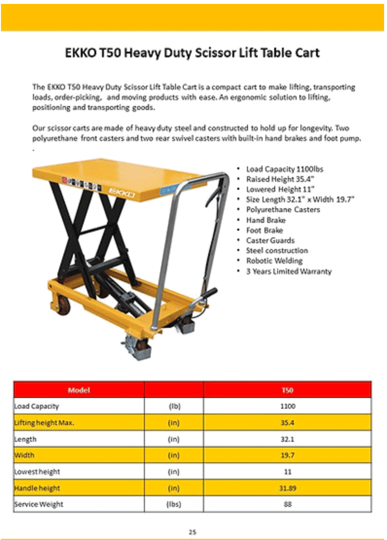 Ekko T50 Heavy Duty Scissor Lift Table Cart
